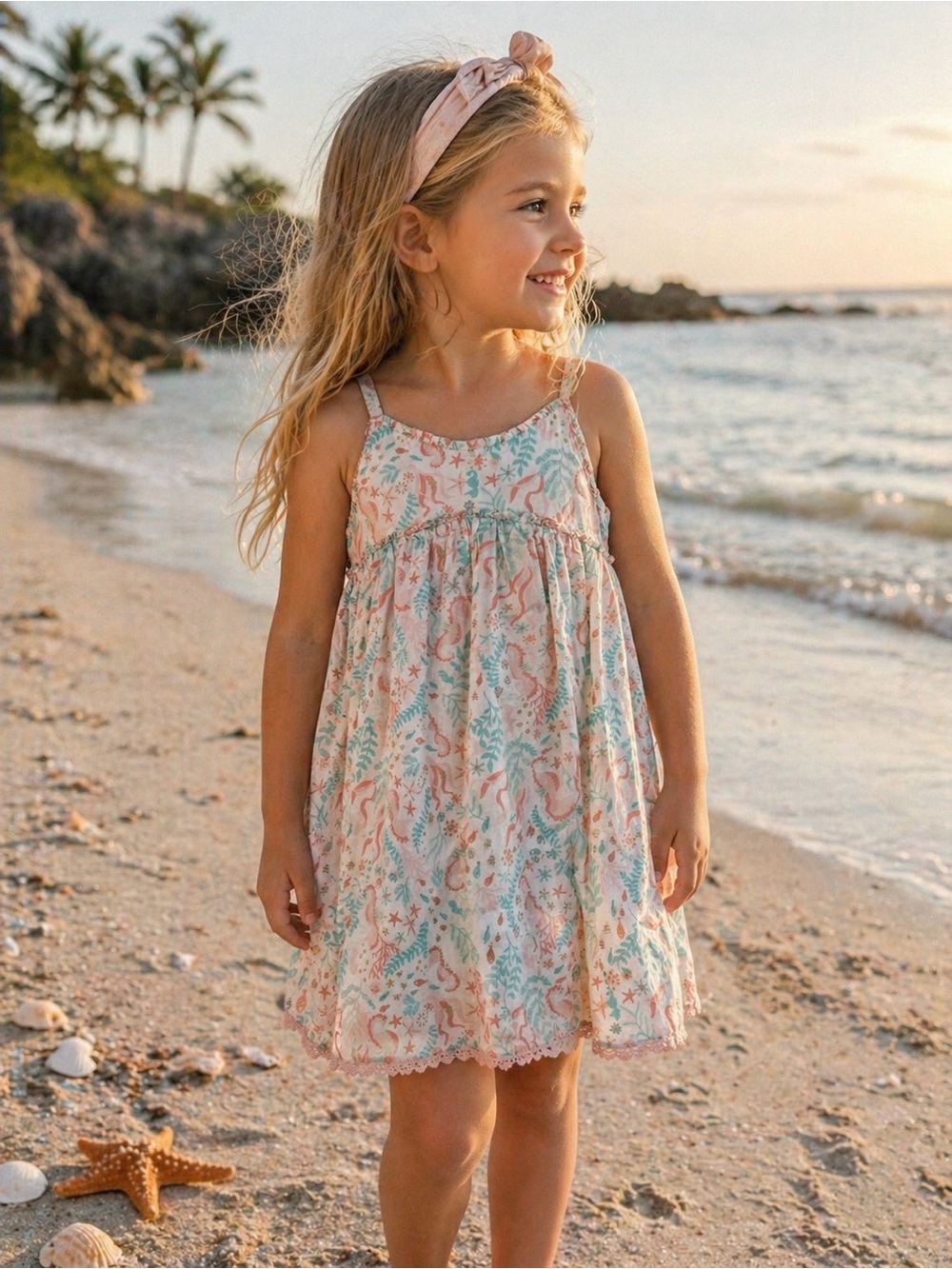 Rachel Zoe Girls Size 6 Seahorse Dress Beachy Pastel Summer Sundress Cutout Back